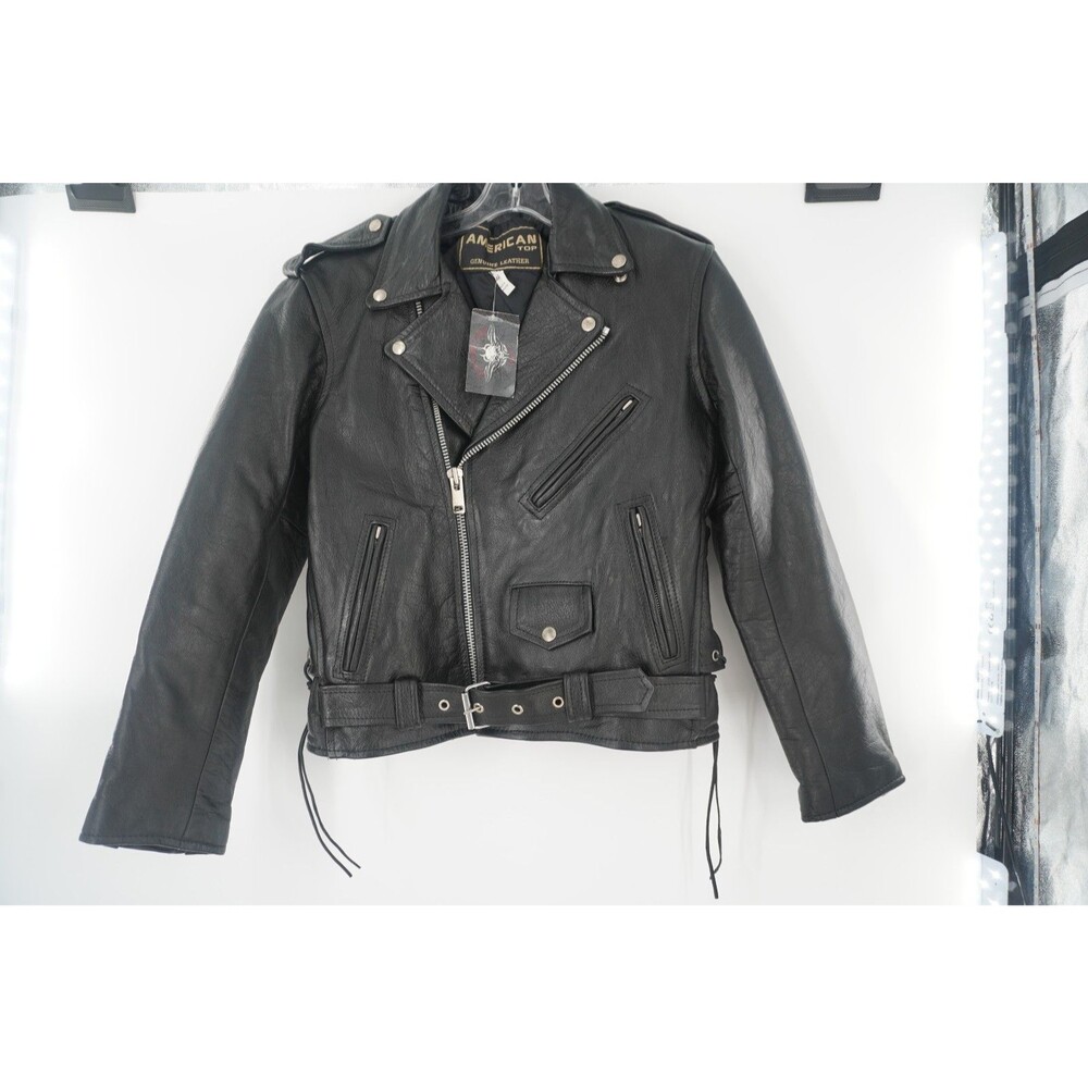 American Top Vintage Black Leather Motorcycle Jacket Women's Size 10 Cropped